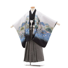 画像をギャラリービューアに読み込む, 5歳男の子 はかま 白から黒ぼかし・鷹 松波に片輪車 (No.7511)